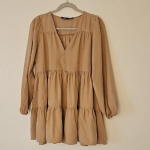 Zara Tan Long Sleeve Tiered Dress